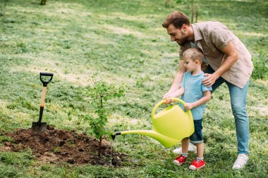 Baba ve oğul fide Park'ta sulama ile sulama yan görünüm