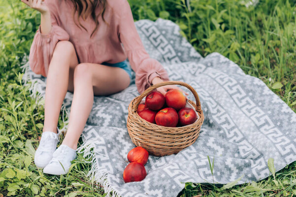 partial view of woman in hat resting on blanket with wicker basket with apples in park