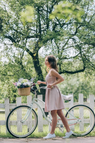 Side View Young Woman Dress Retro Bicycle Wicker Basket Full — Stock Photo, Image