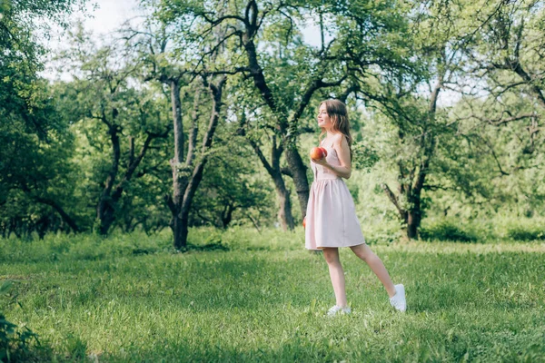 田舎で歩いて熟したリンゴのドレスで笑顔の若い女性の側面図  — 無料ストックフォト
