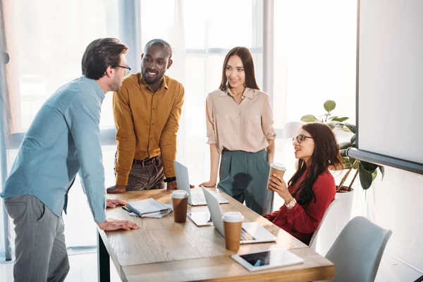 Interracial Group Business Colleagues Discussing Work Coffee Break Workplace Office — Stock Photo, Image