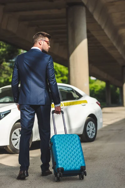 Back View Stylish Young Businessman Suitcase Standing Taxi — Stock Photo, Image