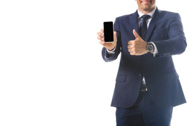 boş ekran ile akıllı telefon tutarak ve beyaz arka plan üzerinde izole jest yukarı yapıyor işadamı kırpılmış görüntü 