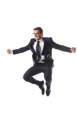 excited businessman in eyeglasses jumping and gesturing by hands isolated on white background  clipart
