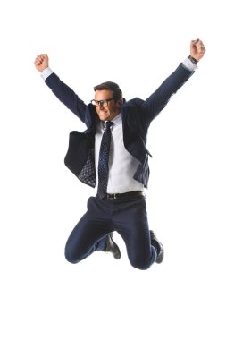 excited businessman in eyeglasses jumping with raised wide arms isolated on white background  clipart