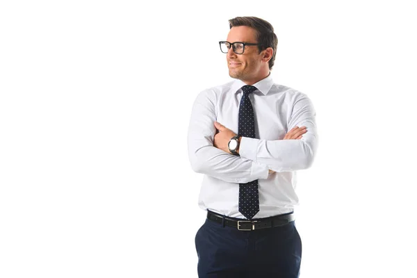 Smiling Businessman Eyeglasses Standing Crossed Hands Isolated White Background — Stock Photo, Image