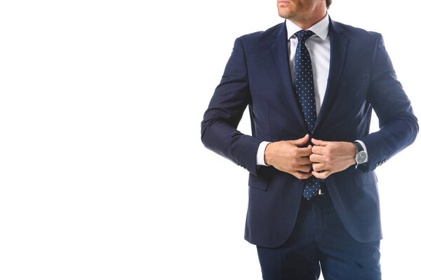 cropped image of businessman adjusting jacket isolated on white background 