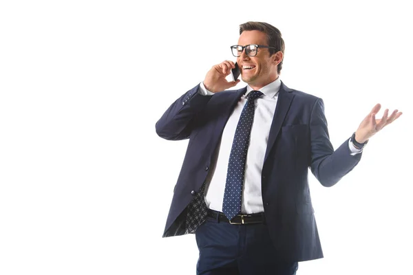 Smiling Businessman Eyeglasses Talking Smartphone Gesturing Hand Isolated White Background — Stock Photo, Image