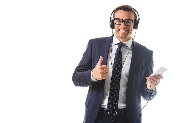 Happy Businessman Eyeglasses Listening Music Headphones Smartphone Doing Thumb Gesture — Stock Photo, Image