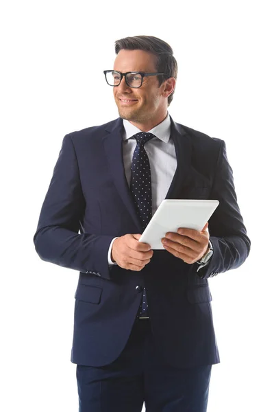 Smiling Businessman Eyeglasses Holding Digital Tablet Isolated White Background — Stock Photo, Image