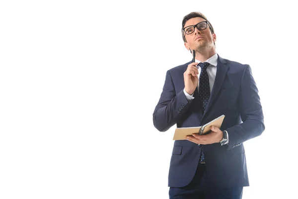 Thoughtful Businessman Eyeglasses Holding Pen Textbook Isolated White Background — Stock Photo, Image