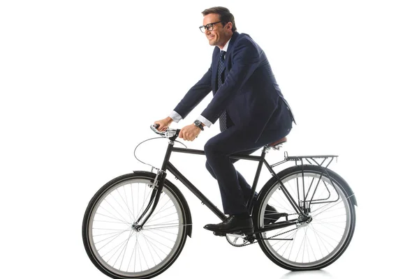 Lachende Zakenman Brillen Fiets Geïsoleerd Witte Achtergrond — Stockfoto