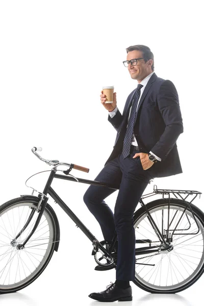 Happy Businessman Eyeglasses Sitting Bicycle Holding Paper Cup Coffee Isolated — Stock Photo, Image