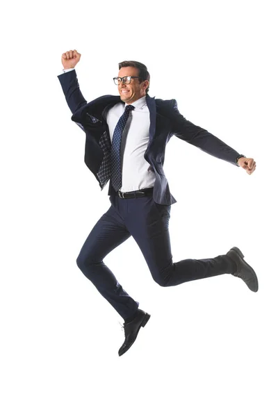 Excited Businessman Eyeglasses Jumping Gesturing Hands Isolated White Background — Stock Photo, Image