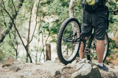 cropped image of male cyclist with backpack standing with bicycle in forest  clipart