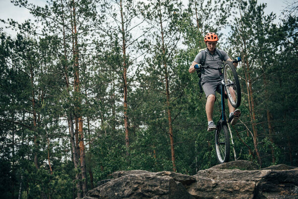 low angle view of male biker in protective helmet doing stunt on mountain bike in forest