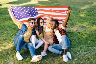 multiracial cheerful friends with american flag sitting on green grass in park clipart
