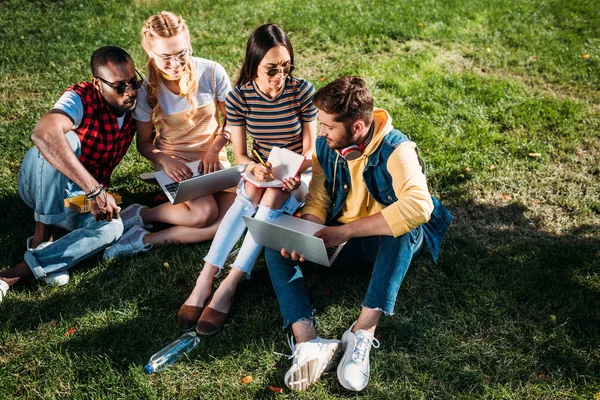 Międzyrasowy Grupowy Studentów Laptopów Notebooków Studiuje Zielony Trawnik Razem — Zdjęcie stockowe