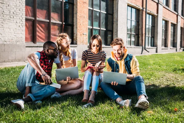 Międzyrasowy Grupowy Studentów Laptopów Notebooków Studiuje Zielony Trawnik Razem — Zdjęcie stockowe