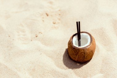 seçici odak bir Hindistan cevizi kabuk kum plajındaki kokteyl