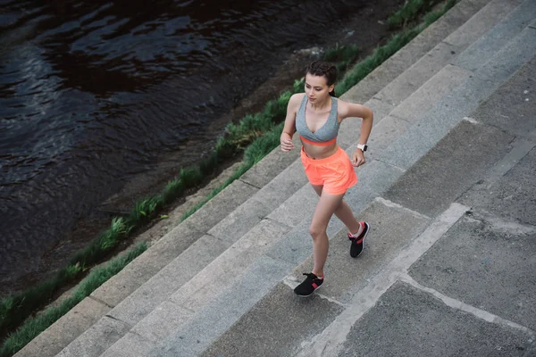 Overhead View Young Female Jogger Running City — Stock Photo, Image