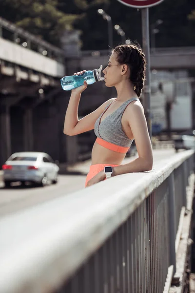 Athletic Sportswoman Smart Watch Drinking Water City — Stock Photo, Image