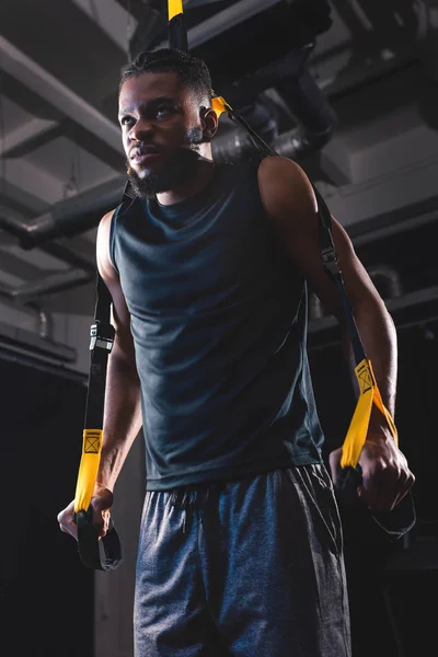 Low Angle View Athletic African American Man Training Fitness Straps — Stock Photo, Image