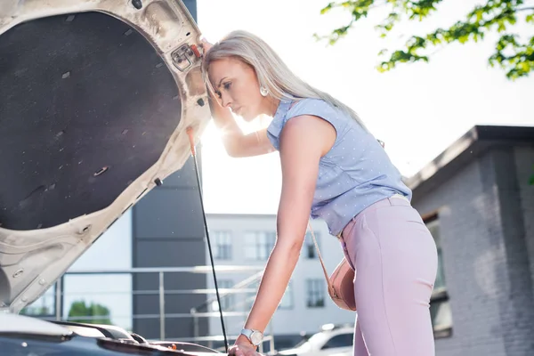 Side View Pensive Woman Looking Car Hood Broken Car Street — Stock Photo, Image