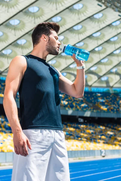 Handsome Young Man Drinking Water Training Sports Stadium — Stock Photo, Image