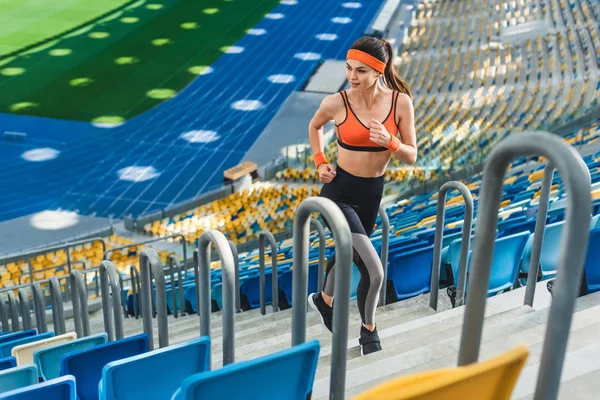 High Angle View Beautiful Athletic Woman Jogging Upstairs Sports Stadium — Stock Photo, Image