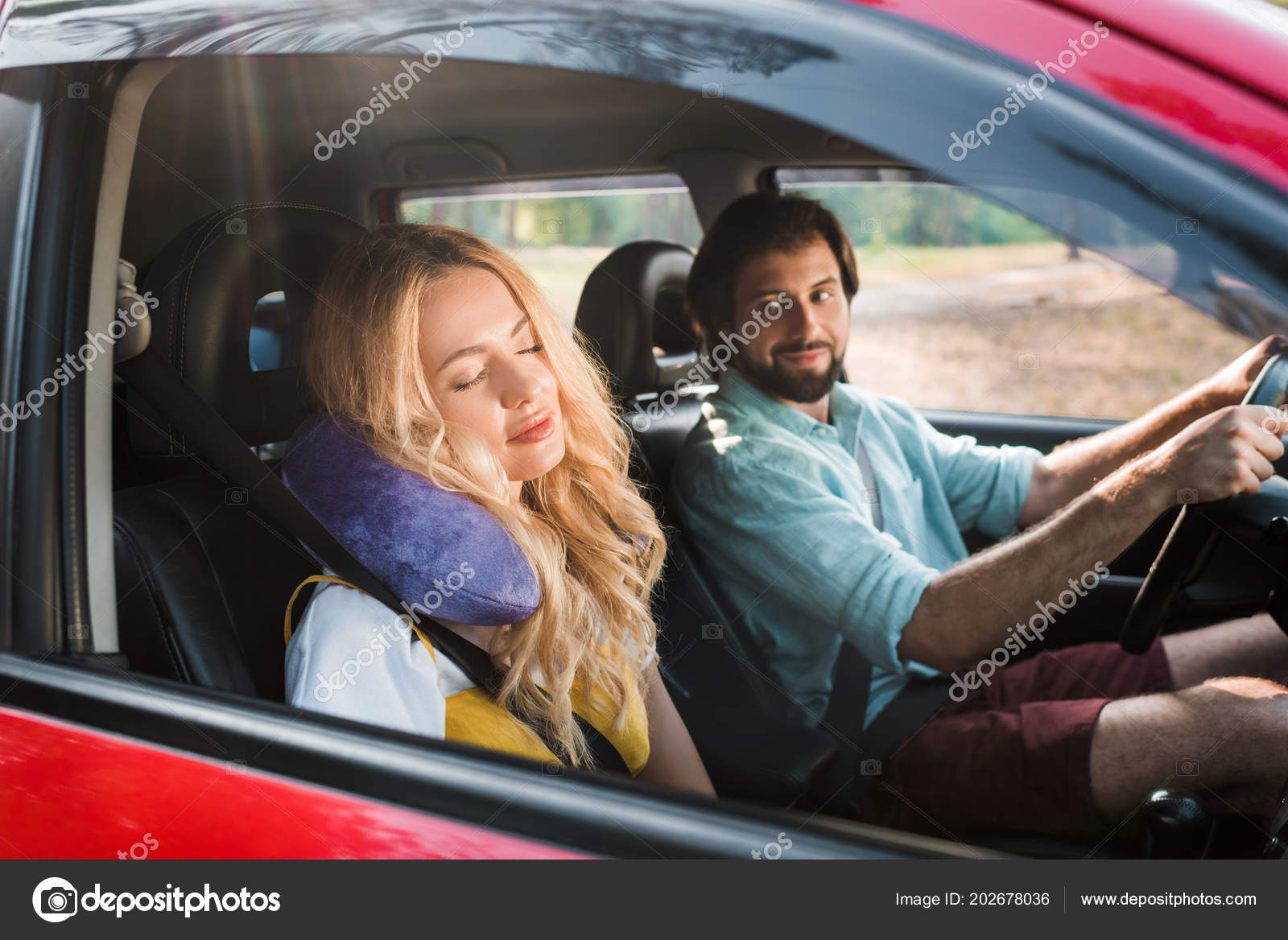 Girlfriend Sleeping Car Traveling Pillow Boyfriend Driving Car Stock Photo  by ©VitalikRadko 202678036