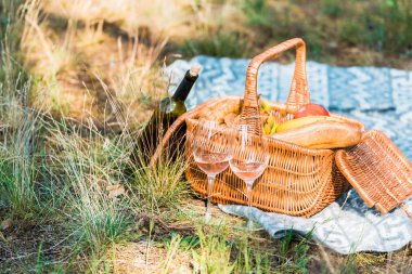 wine bottle, basket with loaves on grass at picnic clipart