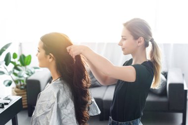 side view of hairstylist doing hairstyle to young woman on chair