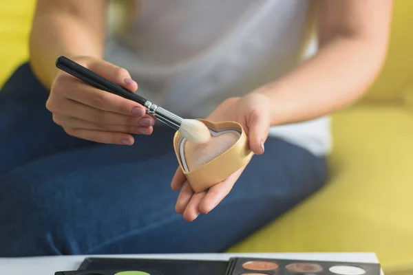 Partial View Woman Holding Face Blush Makeup Brush Hands — Free Stock Photo