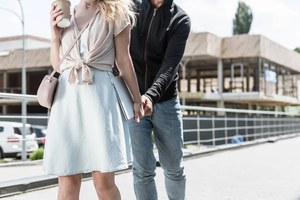 Cropped View Thief Stealing Laptop Womans Hand Street — Stock Photo, Image