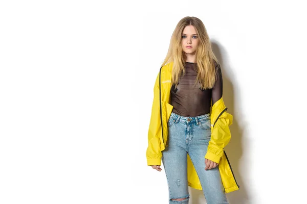Fashionable Young Woman Transparent Shirt Yellow Jacket White — Free Stock Photo