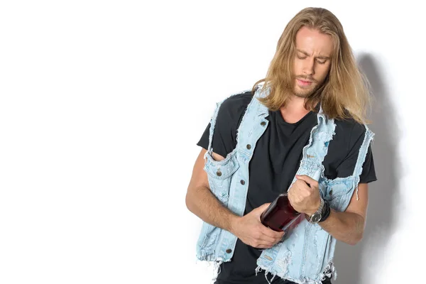 Handsome Young Man Denim Vest Opening Bottle Rum White — Free Stock Photo