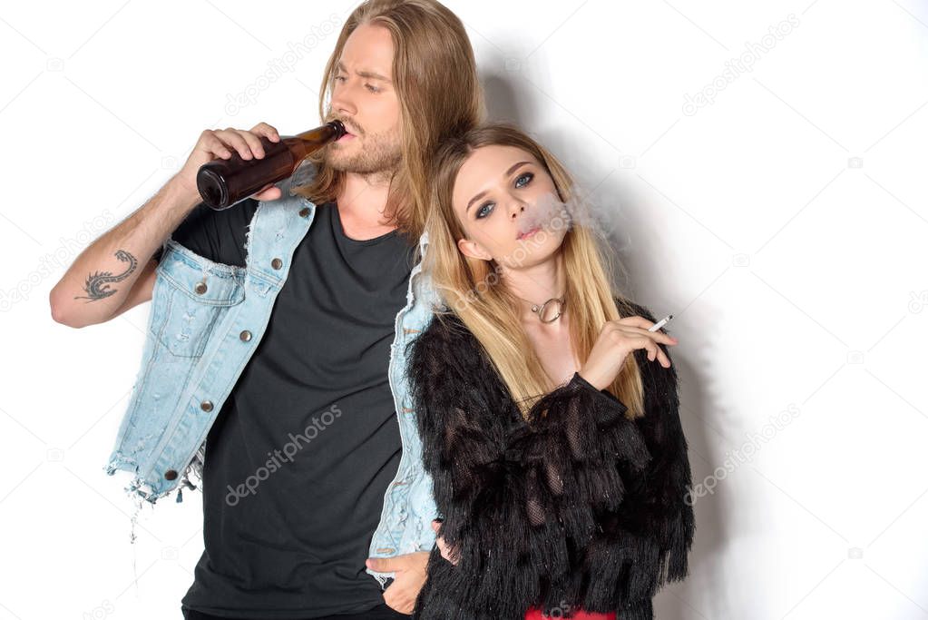 epatage addicted couple with beer and cigarette on white