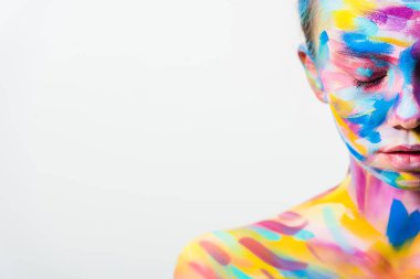 cropped image of attractive girl with colorful bright body art and closed eyes isolated on white  clipart