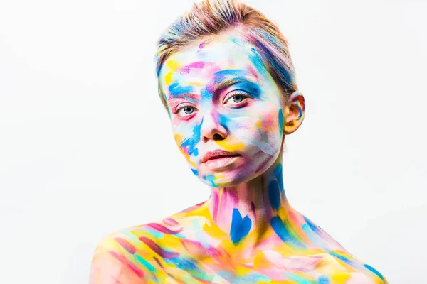 Attractive Girl Colorful Bright Body Art Looking Camera Isolated White — Stock Photo, Image