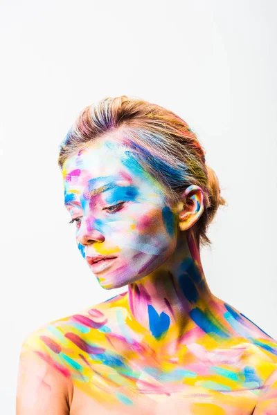Mulher Bonita Com Arte Corporal Brilhante Colorido Olhando Para Baixo — Fotografia de Stock