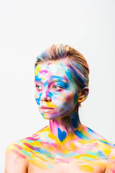 Beautiful Woman Colorful Bright Body Art Looking Away Isolated White — Stock Photo, Image