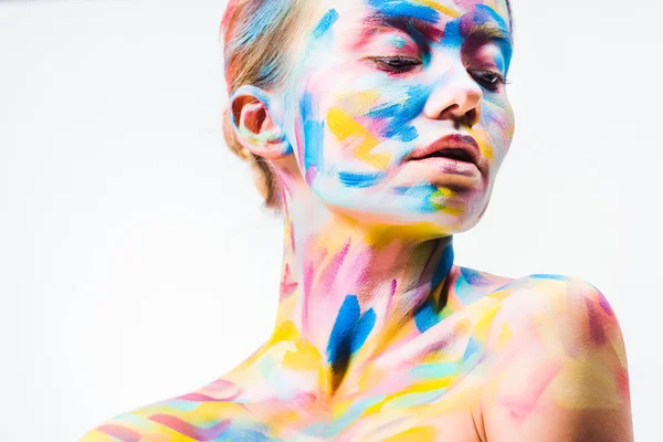 Attractive Girl Colorful Bright Body Art Looking Isolated White — Stock Photo, Image