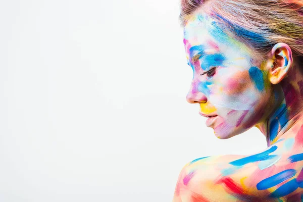Side View Attractive Girl Colorful Bright Body Art Isolated White — Stock Photo, Image
