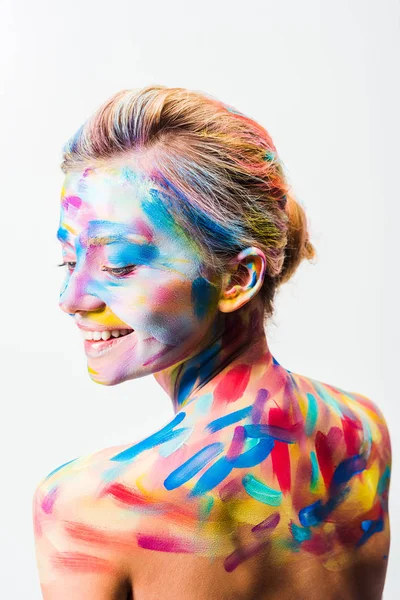 Menina Atraente Sorridente Com Arte Corporal Brilhante Colorido Isolado Branco — Fotografia de Stock