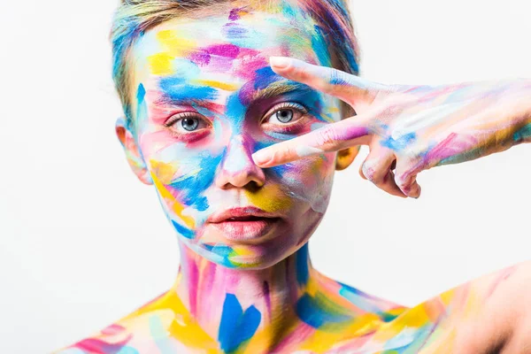 Attractive Girl Colorful Bright Body Art Looking Camera Two Fingers — Stock Photo, Image