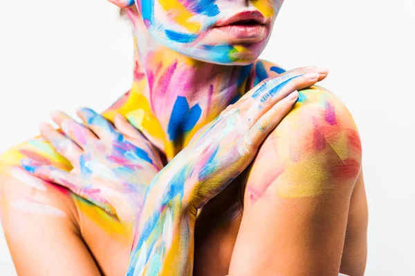 Imagem Cortada Menina Com Colorido Corpo Brilhante Arte Tocando Ombros — Fotografia de Stock