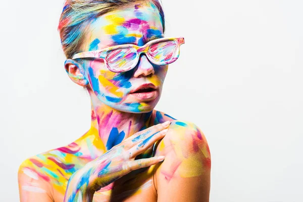 Attractive Girl Colorful Bright Body Art Sunglasses Touching Shoulder Isolated — Free Stock Photo