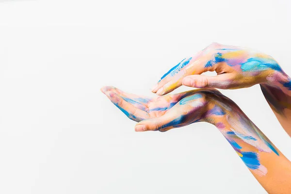 Körülvágott Kép Lány Színes Világos Body Art Hullámokat Elszigetelt Fehér — Stock Fotó