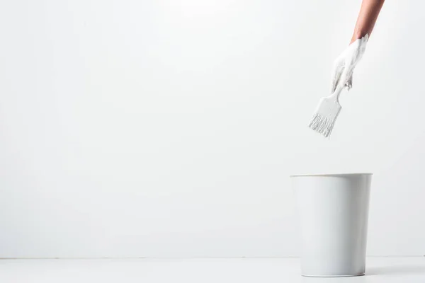 Cropped Image Girl Holding Painting Brush White Paint Bucket — Stock Photo, Image